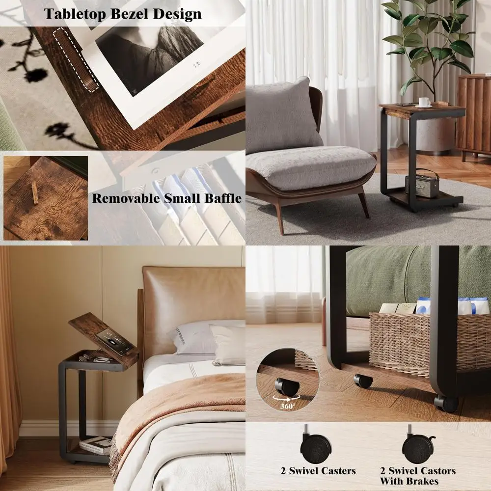 

Adjustable Tilt Top C-Shaped End Table with Storage, Rolling TV Tray for Sofa and Bedroom in Rustic Brown