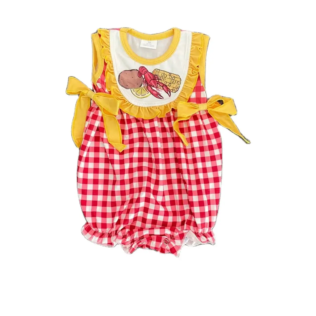 

Wholesale Fashion Hot Selling Children's Clothing Girls Baby Onesie Plaid Lobster Romper Bow Summer toddler romper