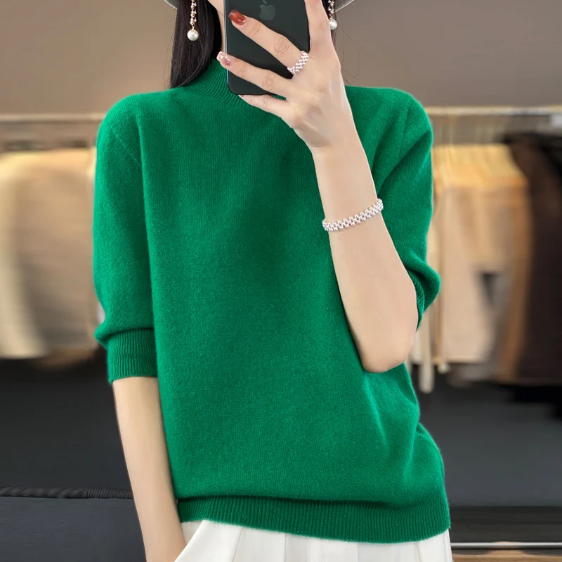 Spring and Autumn Joker Half Sleeve Knitted Sweater Women\'s 100% Pure Wool Short Sleeve Knitted Thin Semi-high Collar Bottom Shi