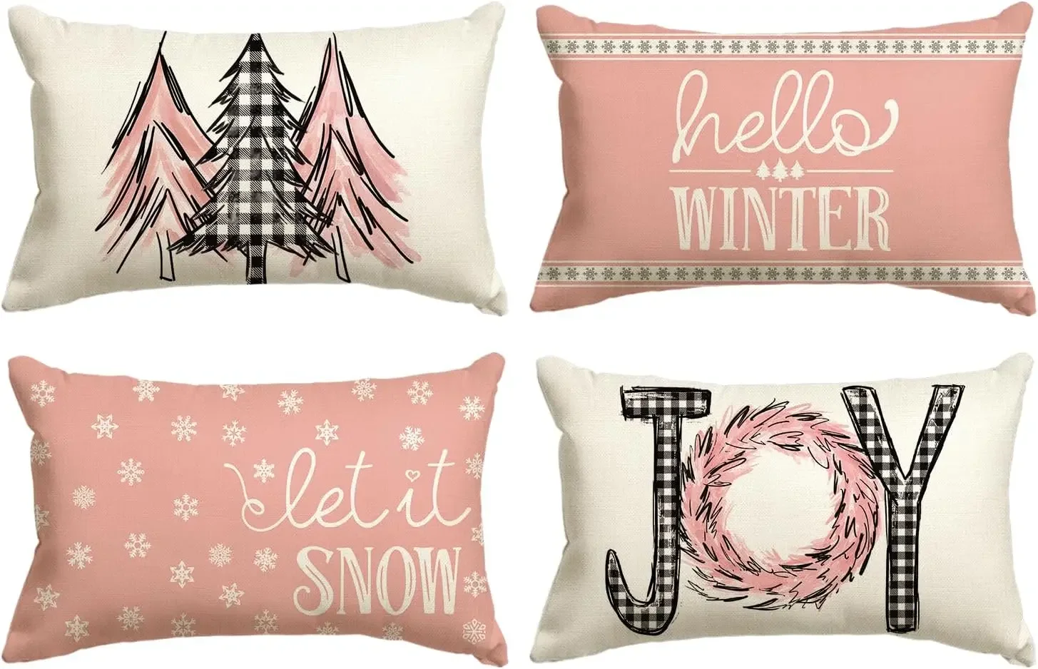 Merry Christmas Trees Mottos Pink Throw Pillow Covers,  Hello Winter Let it Snow Holiday Cushion Case Decoration for Sofa Couch