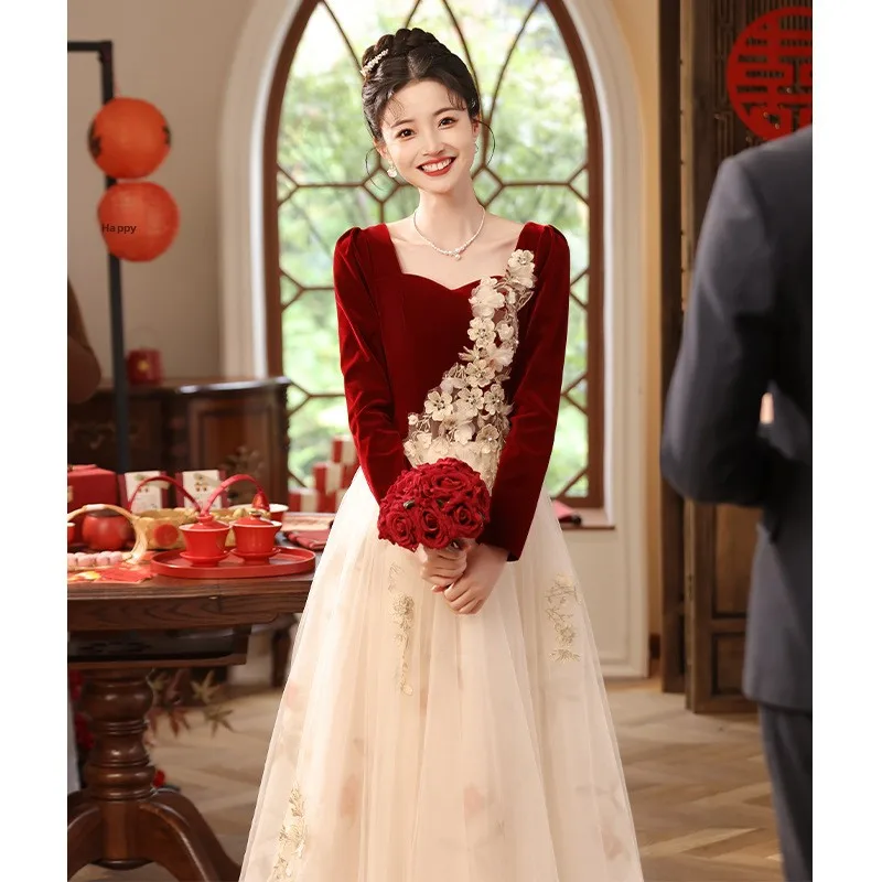 

Wedding Dr New 2024 Women's Faion Long Sve Evening Gown Red Wedding Par Return Home Casual Skirt Zipper Sle Polye...