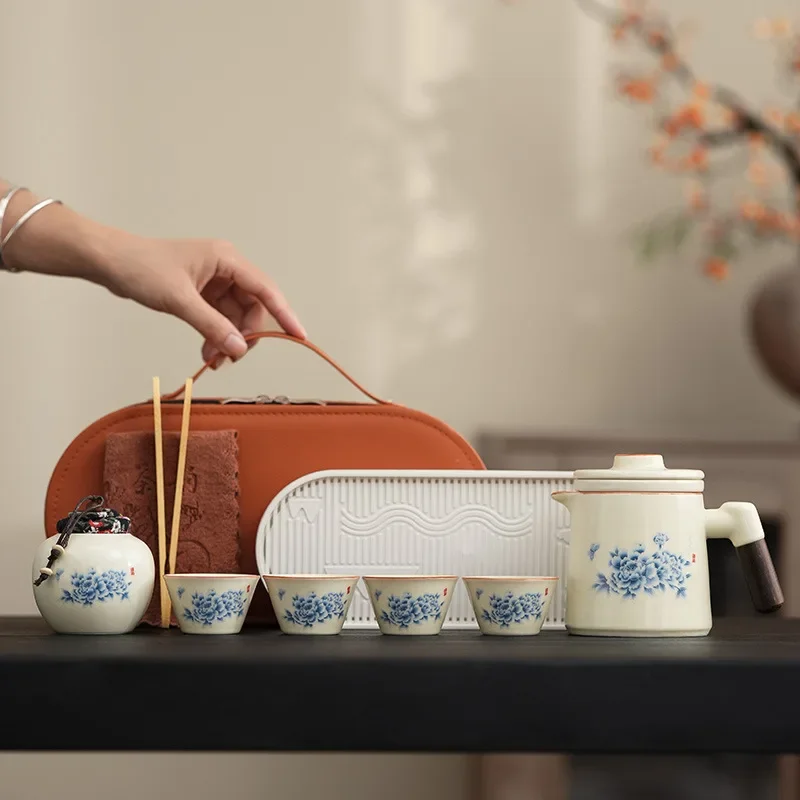 High-end Ru kiln retro peony exquisite quick cup tea set outdoor business set