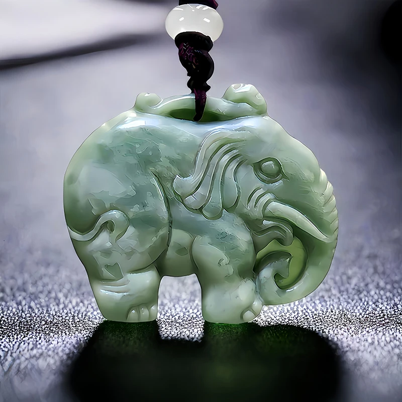 Green Natural Real Jade Elephant Pendant Necklace Accessories Gemstones Amulet Gifts for Women Men Talismans Vintage Charm