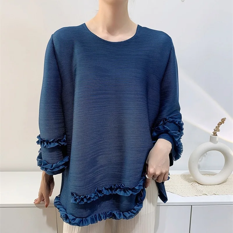 

Pleats Pleated T-shirt 2024 Spring and Summer New Pleated Tops Women's Lace Styling T-shirt Toothpick Pressed Pleated Clothes