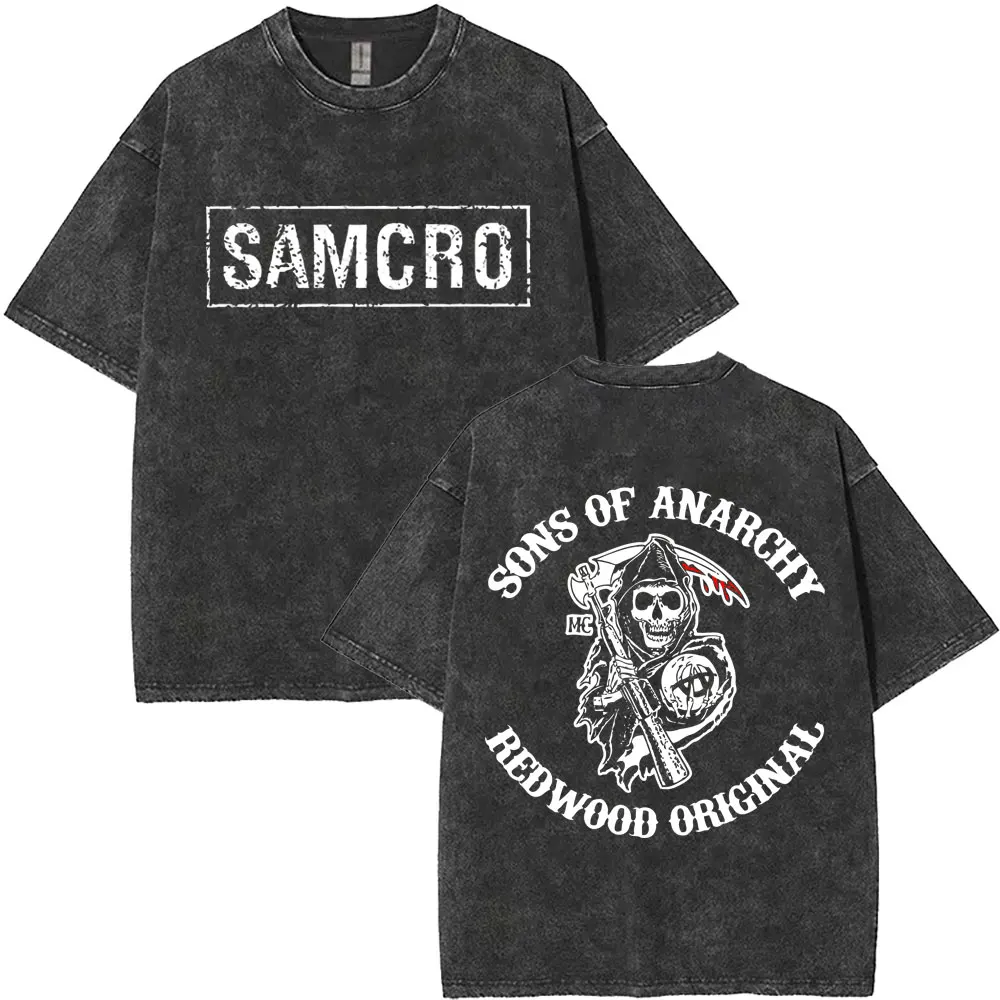 

Limited Sons of Anarchy SAMCRO Vintage Washed T Shirt Men Women Skeleton Hip Hop Rock T-shirts Men's Casual Oversized T-shirt