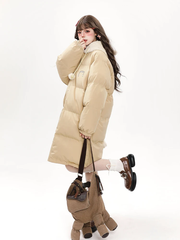 Lazy Casual Style Sweet Cute Girl Warm Hooded Cotton Padded Coats Straight Loose Thickened Warm Long Jackets Women Winter