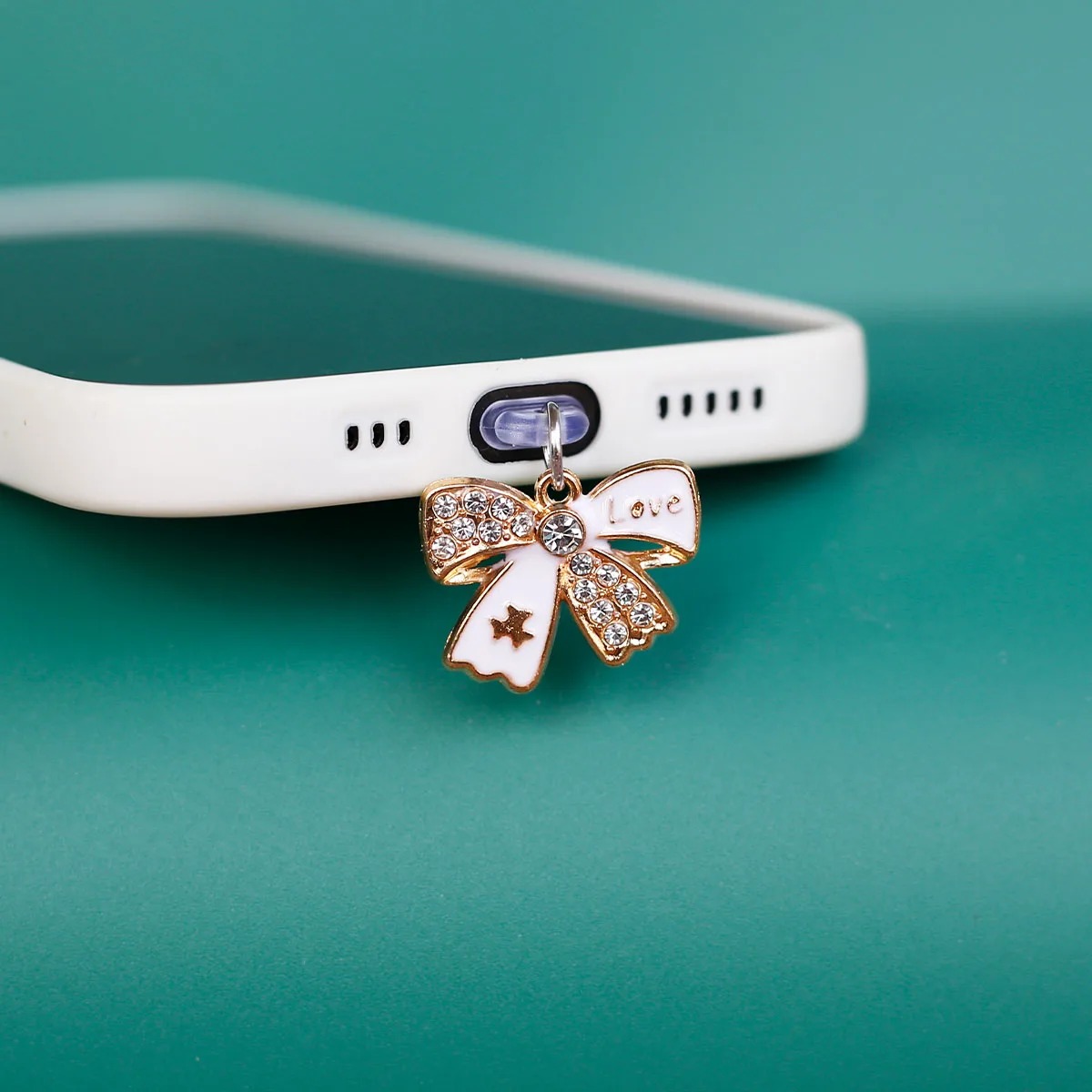 Spina antipolvere per telefono cellulare Ciondolo con cordino romantico cristallo scintillante fiocco accessorio decorazione per iPhone tipo-c Love Butterfly cravatta