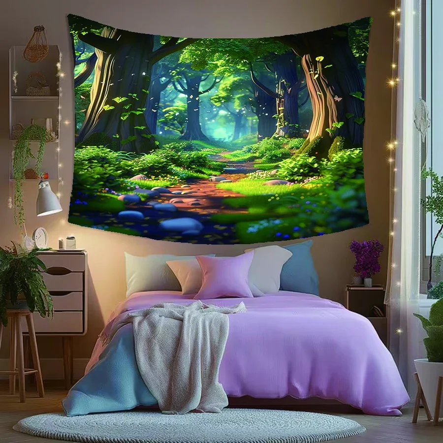 Vibrant Forest Scene Tapestry Wall Hanging Bohemian Bedroom Decor Green Nature Woodland Art Print