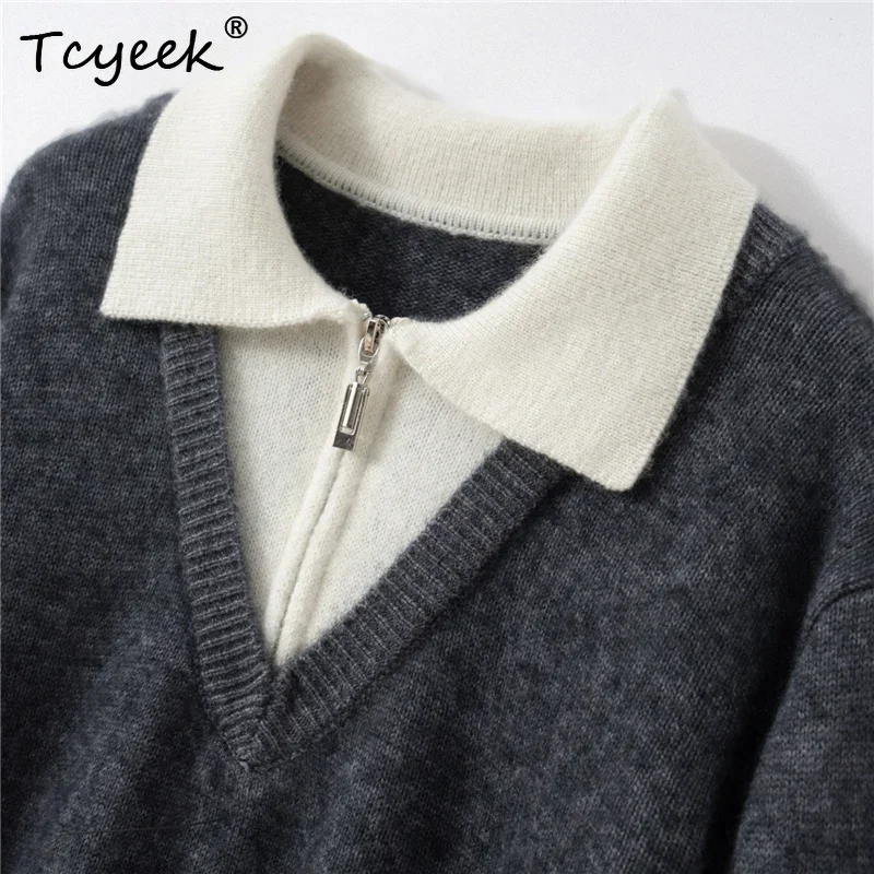 England Style Women Sweater Pullover Fake Two Piece Lapel Pullover 100% Cashmere Warm Clothing Autumn Winter Sweater Casual Knit
