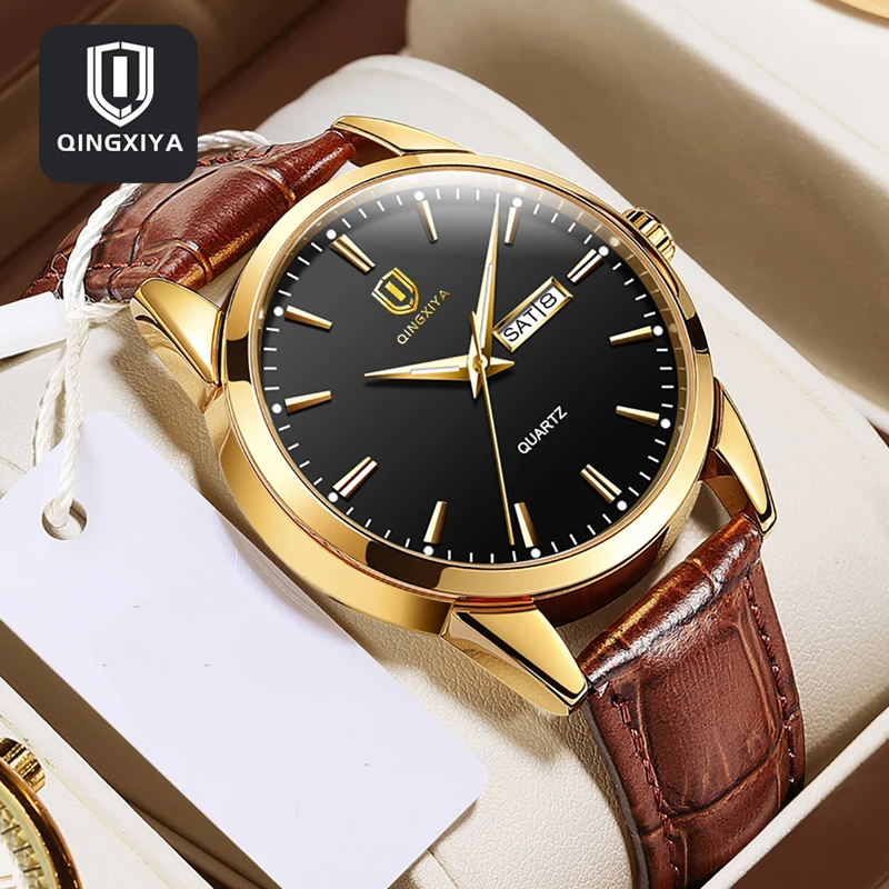 

QINGXIYA Fashion Quartz Watch Men Leather Strap Waterproof Luminous Week Date Mens Watches Top Brand Luxury Relogio Masculino