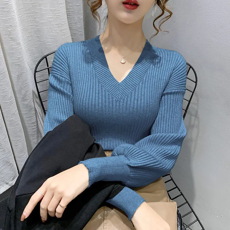 Autumn Winter Trend Women\'s Clothing Solid Color V-Neck Knitted Pullovers All-match Fashion Long Sleeve Slim Sweaters for Female