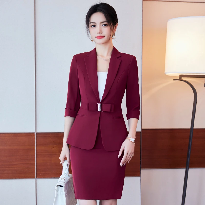 NAVIU Claret Red Formal Ladies Office Work Wear Blazers Spring Sumer Business Suits With Skirt And Jacket Coat For Women OL Sets