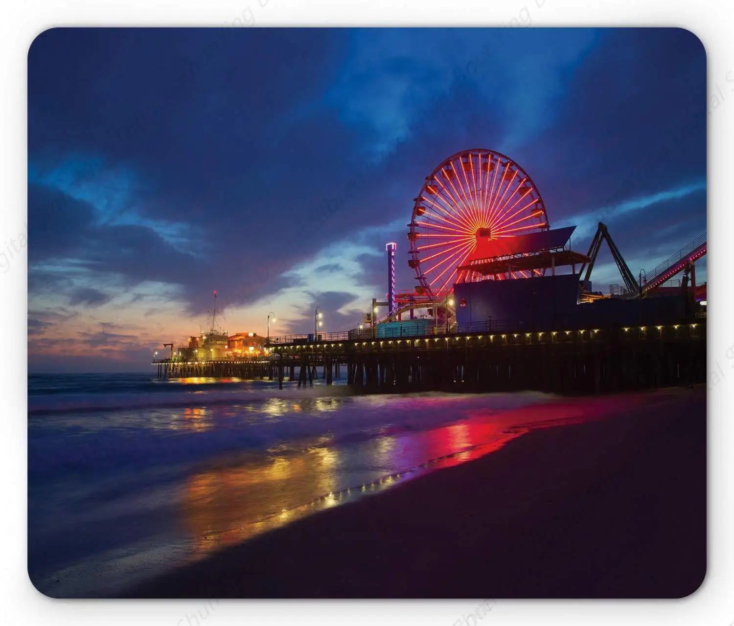 Santa Monica Pier Mouse Pad California Seaside Night View Ferris Wheel Tourist Non Slip Rubber Mouse Pad 25*30cm