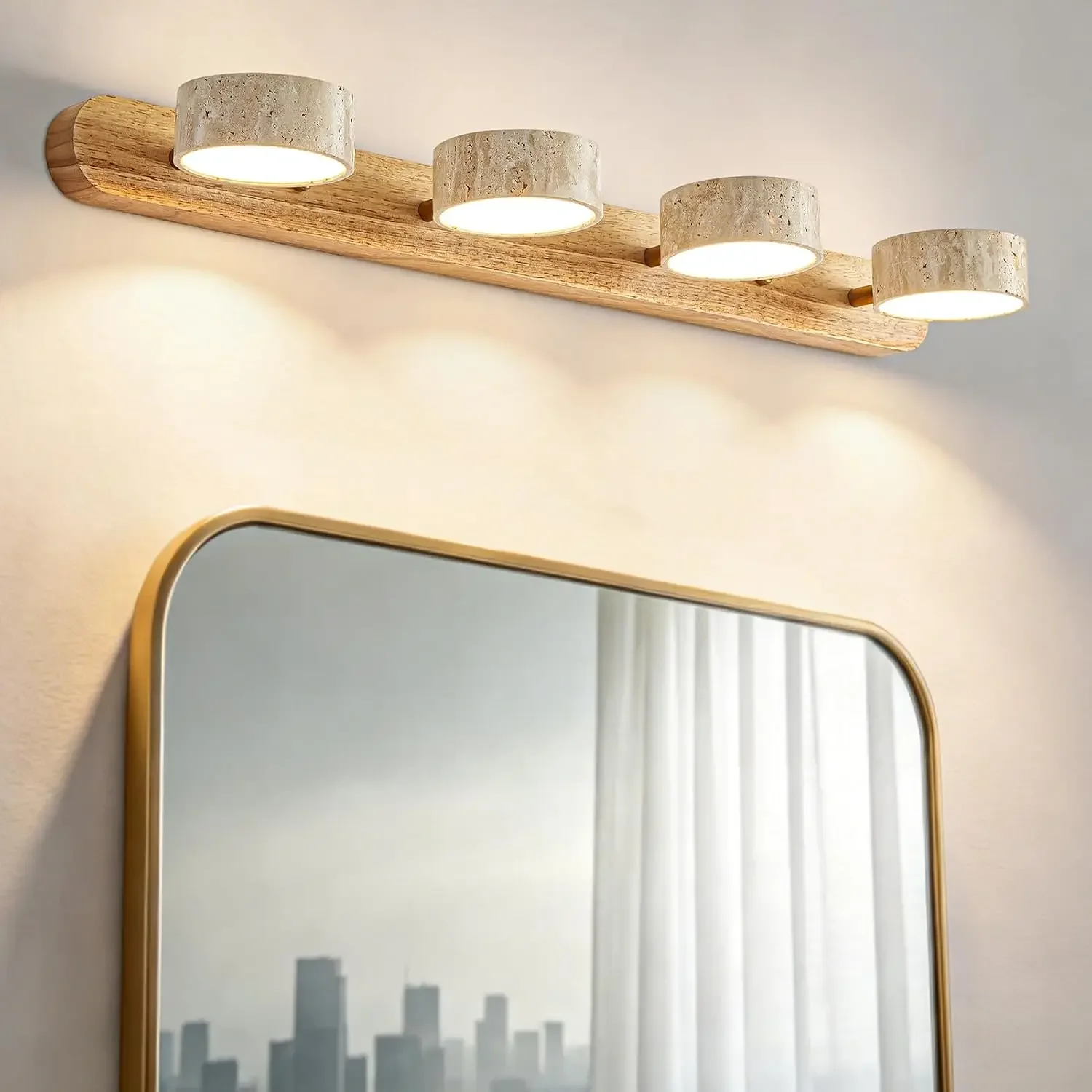 Natural Travertine Stone & Ash Wood Vanity Light, 28