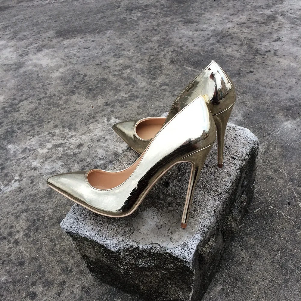 Tikicup المرأة مثير الذهب والفضة 12 سنتيمتر المتطرفة عالية الكعب الخناجر أحذية السيدات أشار تو الزفاف الزفاف الضحلة مضخات Size45 46 #2