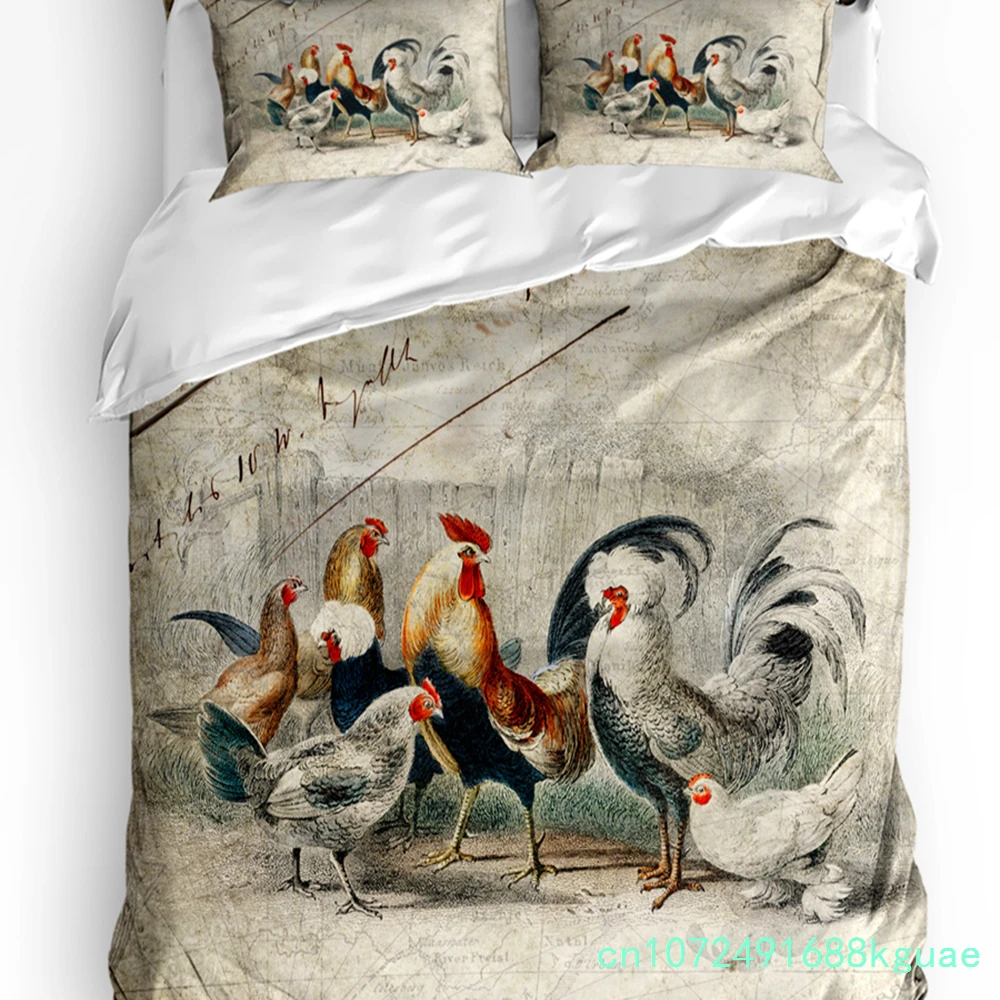 Farm Rooster Chicken Retro Illustration Duvet Cover With Pillow Case Custom 3pcs Bedding Set Quilt Cover Double Bed Home Textile