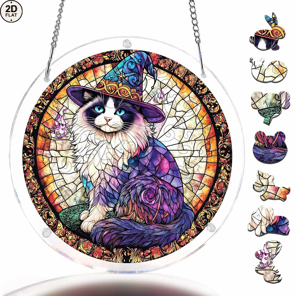 Wizard Cat Stained Glass Style Acrylic Puzzle Garden Suncatcher, 57 Pieces Acrylic Jigsaw Puzzle Ornaments For Window Hanging