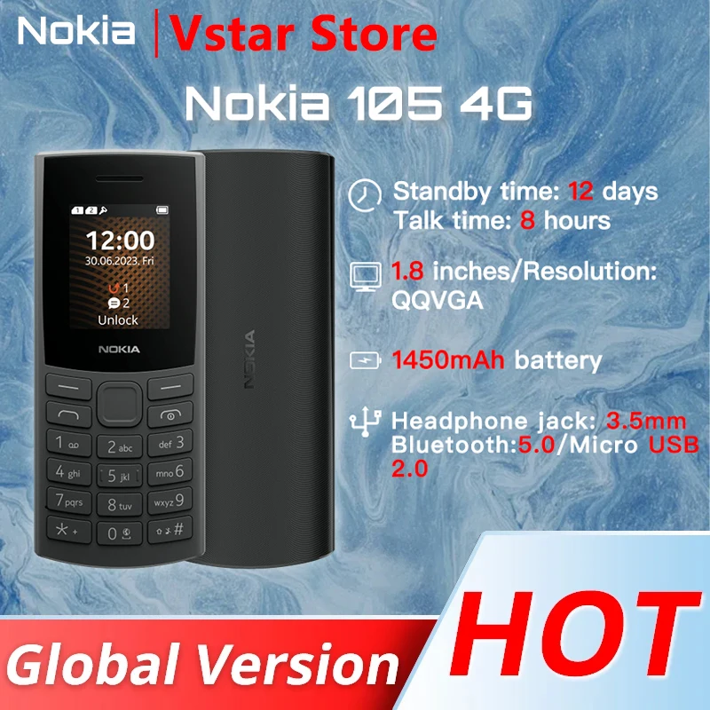 Original Nokia 105 4G 2023 mobile phone SIM 1.8inch Display 1450 mAh Battery bluetooth 5.0 Ultra-long Standby with Flashlight