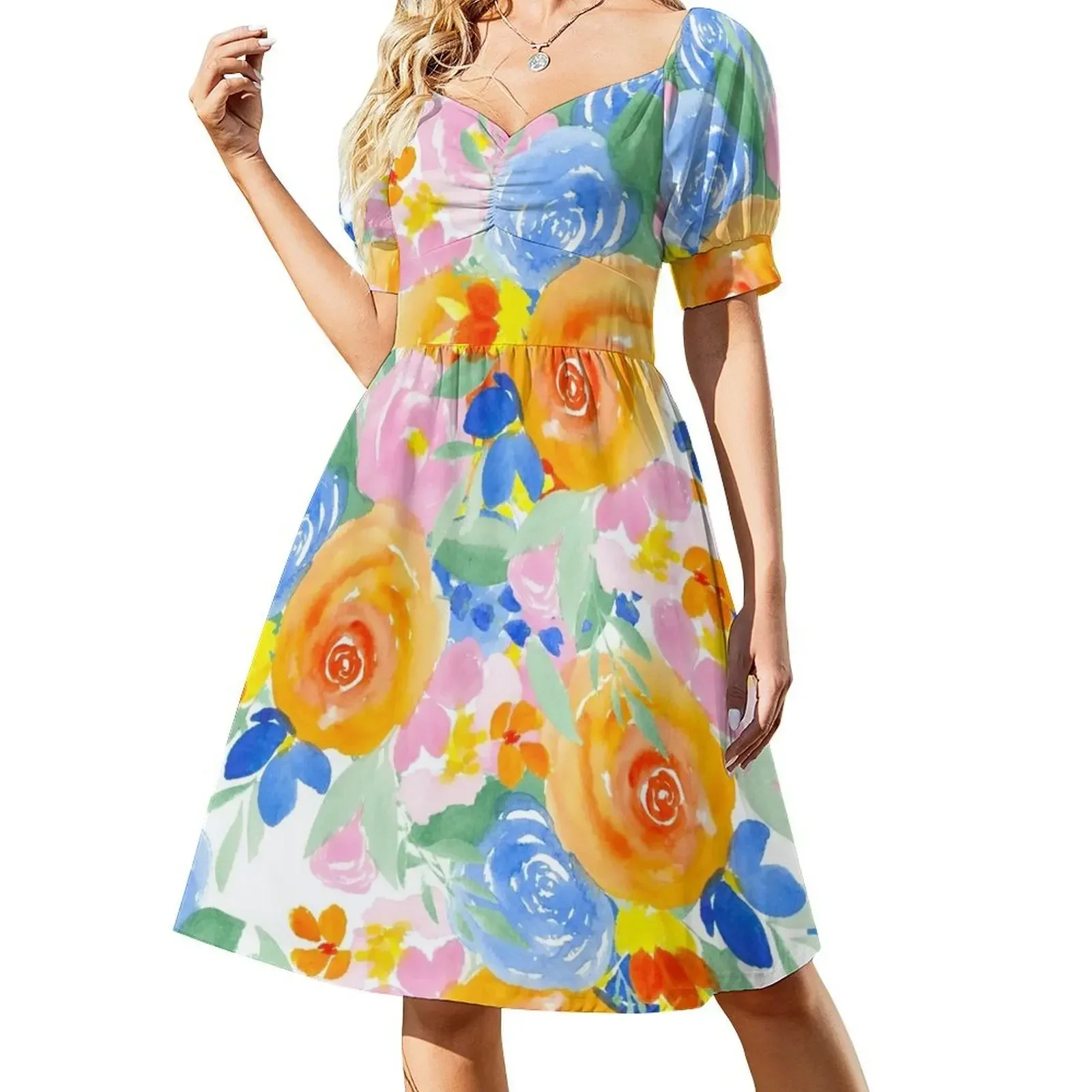

Bright orange floral watercolor pattern Short-Sleeved Dress Summer women's clothing dress for woman Dress