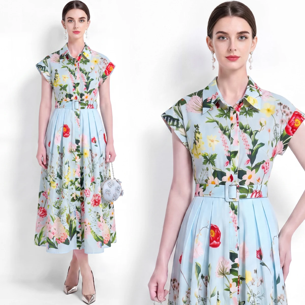 

Elegant Light Blue Rose Print Shirt Dress with Waist Belt Slim Fit Midi Length for Spring Summer Office Party Outfits