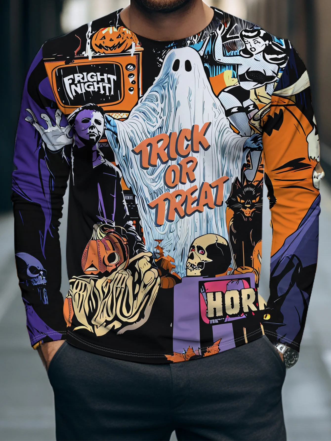 Men's Long Sleeve T‑Shirt Retro Comic Ghost Skull Pumpkin Collage Print Crew Neck Trick Or Treat Halloween Streetwear Top