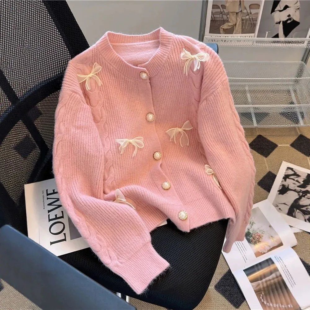 Bow Solid Color Women Cardigan Single Breasted Knit Top Minimalist Style Sweater Coat Casual Daily Loose Outwear For Ladies