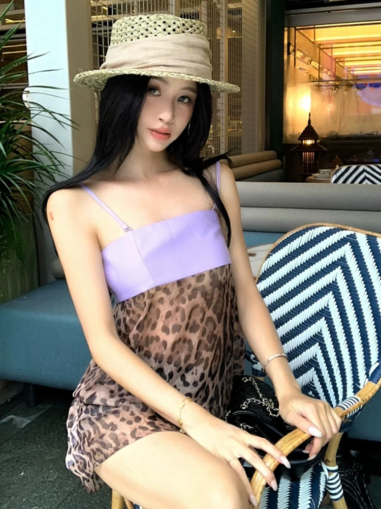 RORORIRI Sexy pure léopard épissé Camisole robe femmes sans manches dos nu Corset couches Mini robe Vintage vêtements d'été