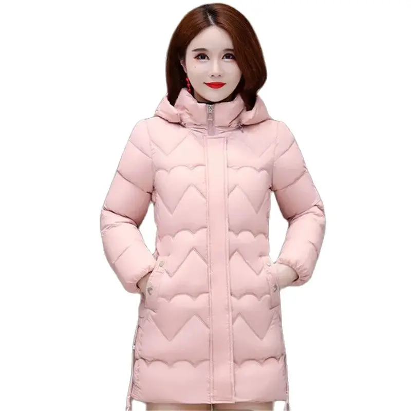 

Winter Mid-Long Down Cotton-Padded Jacket Women 2023 New Fashion Hooded Concealed Zipper Outerwear Pure Colour Loose Coat Female