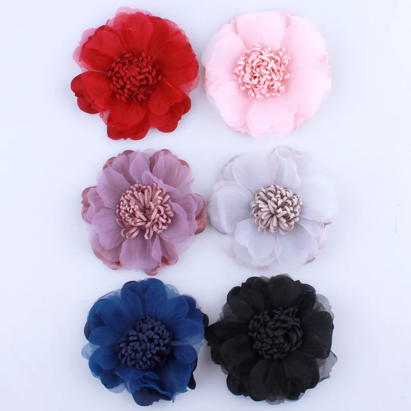 

20PCS 9CM New Tulle Silk Flower With Tissue Stamen For Wedding Headwear Accessories Fabric Flowers For Headbands