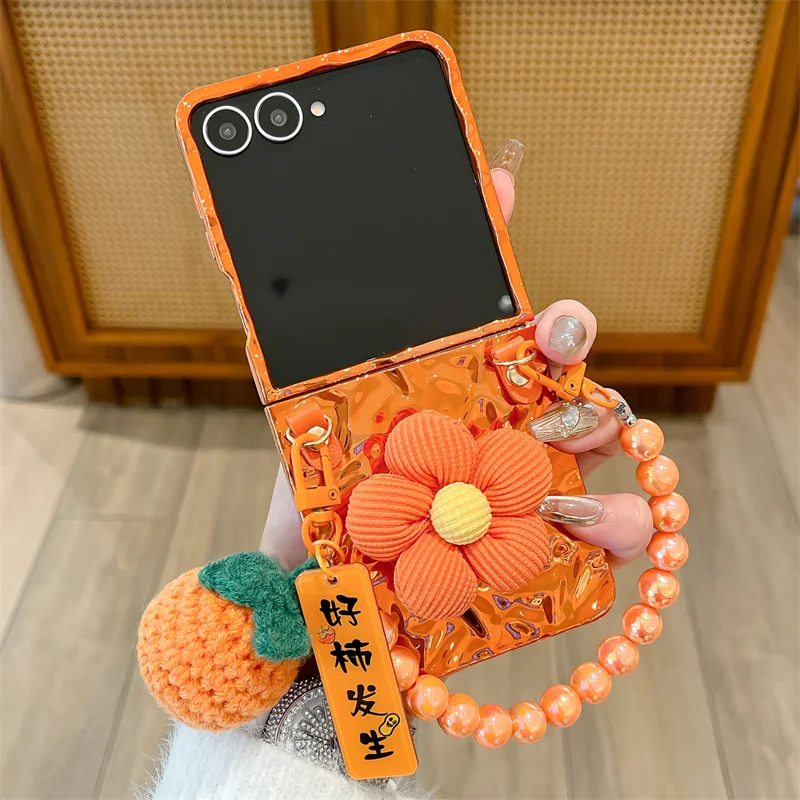 موضة البرتقال تصفيح التجاعيد ثلاثية الأبعاد زهرة قضية الهاتف لسامسونج غالاكسي Z فليب 7 6 5 4 3 ZFlip6 ZFlip7 غطاء مع سلسلة لطيف #1