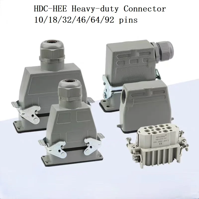

HDC-HEE rectangular heavy duty connector with 10/18/32/46/64/92 pins for aviation industry, waterproof plug and socket 500V 16A