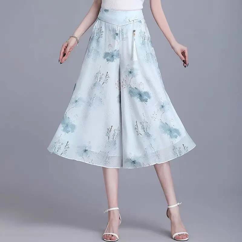 Summer Women Clothing Floral Skirt Pants Korean Fashion New Casual Elastic High Waist Printing Loose Wide Leg Capris Trousers
