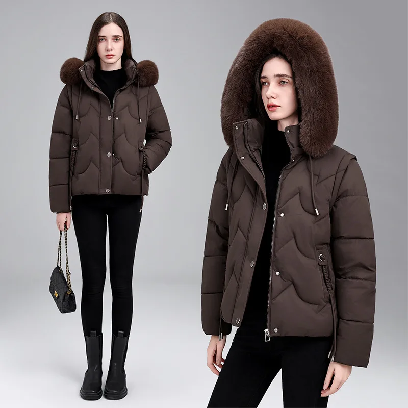 Winter Coat Removable Sleeve Cotton Padded Jacket Women Parkas Big Fur Collar Short Hooded Down Cotton Jacket Female Outerwear