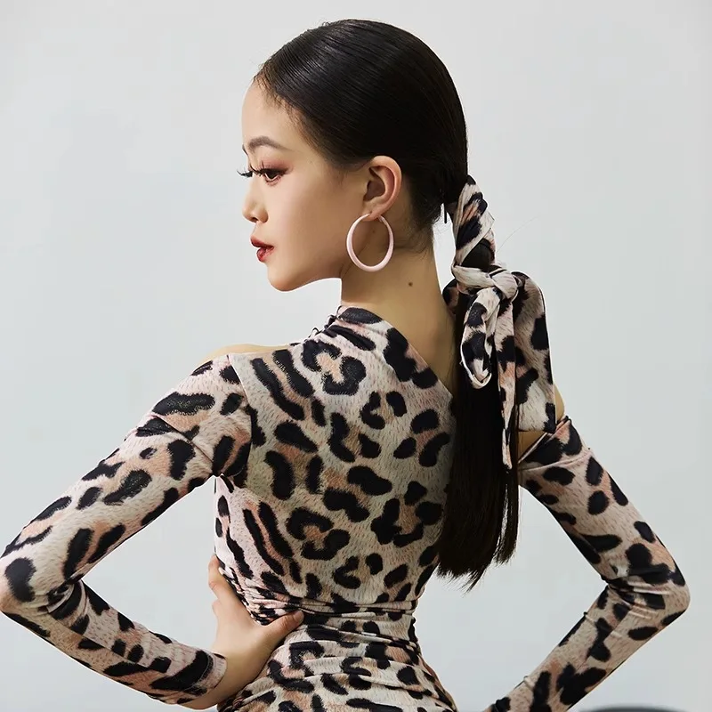 Robe de danse latine personnalisée, léopard, costume d'entraînement pour femmes, épaules dénudées, manches longues, combinaison avec cordon de serrage, jupe longue