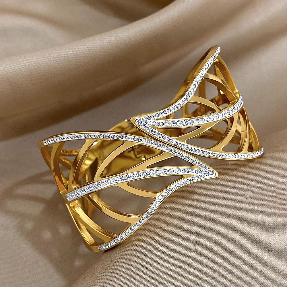 Chunky Rhinestone Leaves Stainless Steel Bracelet for Women Elegant Gold Plated Cuff Bangle Bracelets Waterproof Jewelry