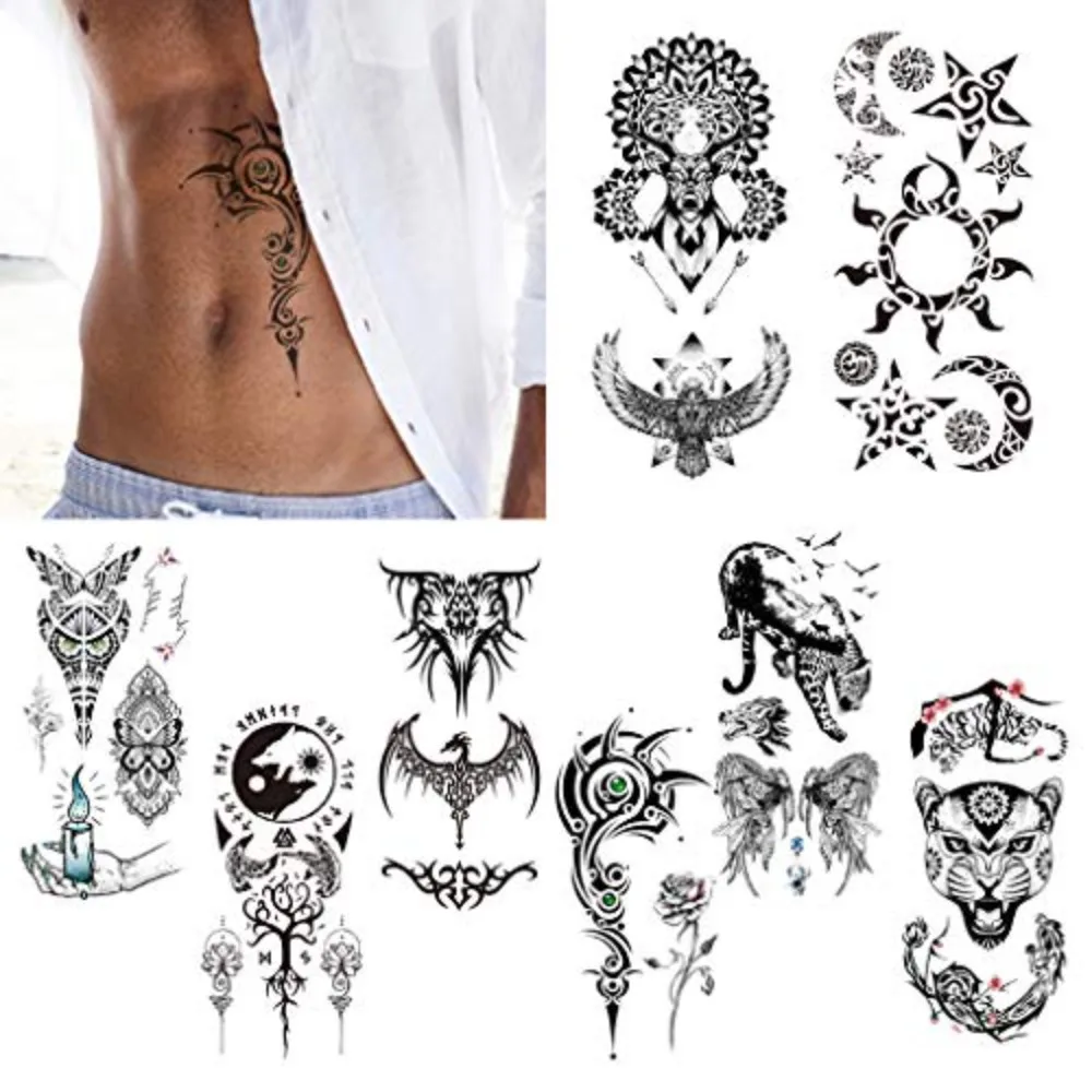 8 أوراق وشم مؤقت أسود رائع وشم مؤقت للرجال ملصقات فنية رائعة للجسم وشم مزيف واقعي