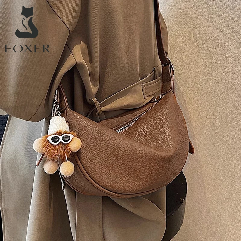 

FOXER Genuine Leather Hobo Bag for Women, Fashion Female Crescent Shoulder Bag with Cute Doll Pendant, Casual Lady Daily Handbag