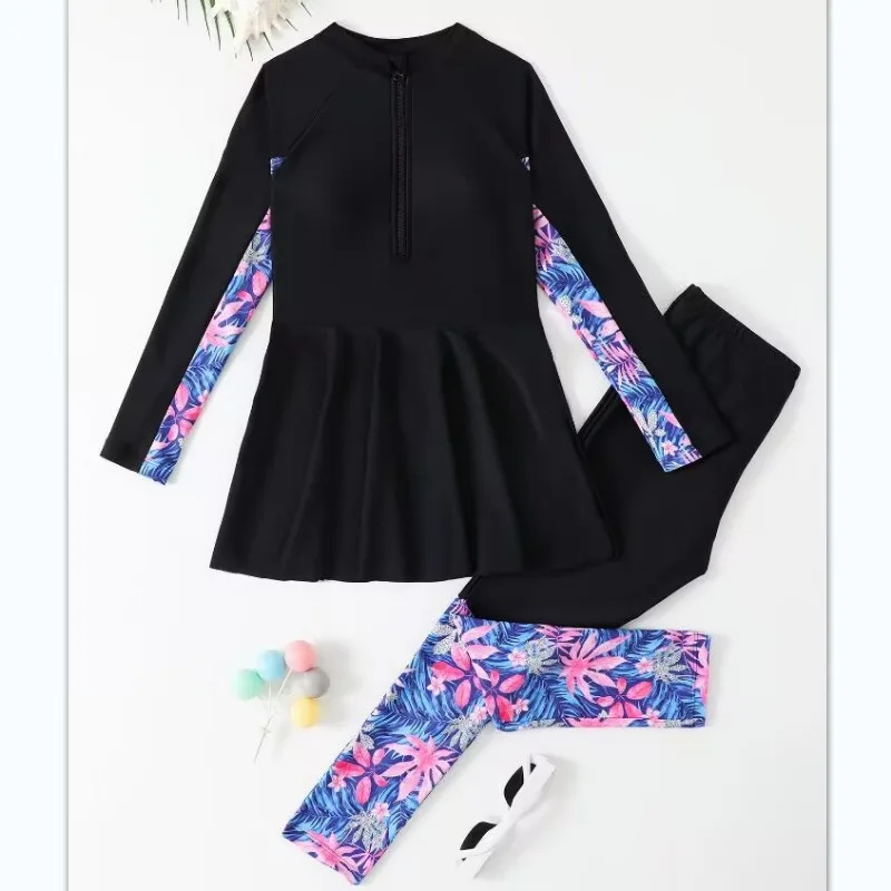 Girl Two Pieces Suit 5-12 Year Children Long Sleeve Skirt Swimsuit 2025 Kid Flower Print Swimwear Burkini Muslim Bathing Suit