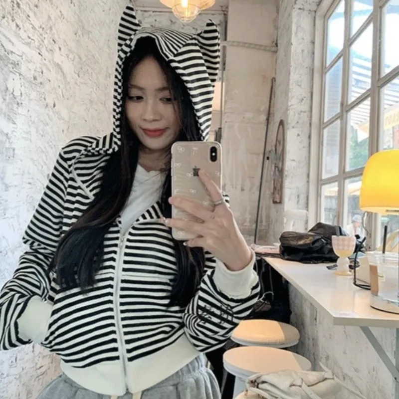 Striped Jackets Women Autumn Spicy Lovely Tops Hat Design Slim Hooded Crop All-match Casual High Street Korean Stylish Popular