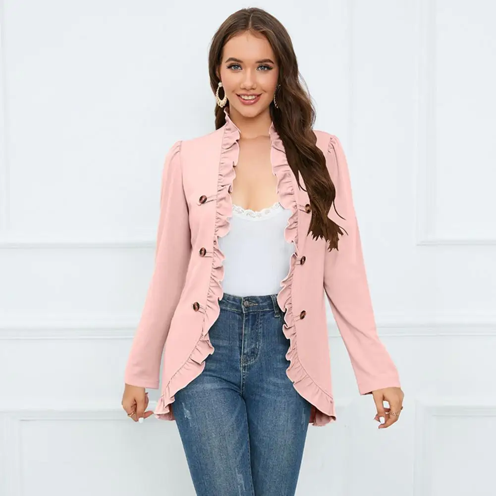

Long-sleeved Suit Jacket Elegant Ruffle Trim Suit Jacket for Women Double Breasted Office Coat Autumn Winter