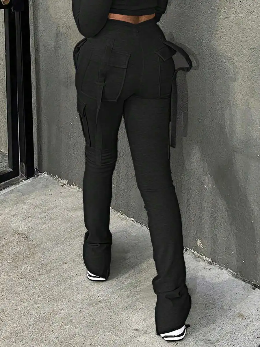 

Women Solid Color Elastic Waist Multi Pocket Casual Cargo Pants