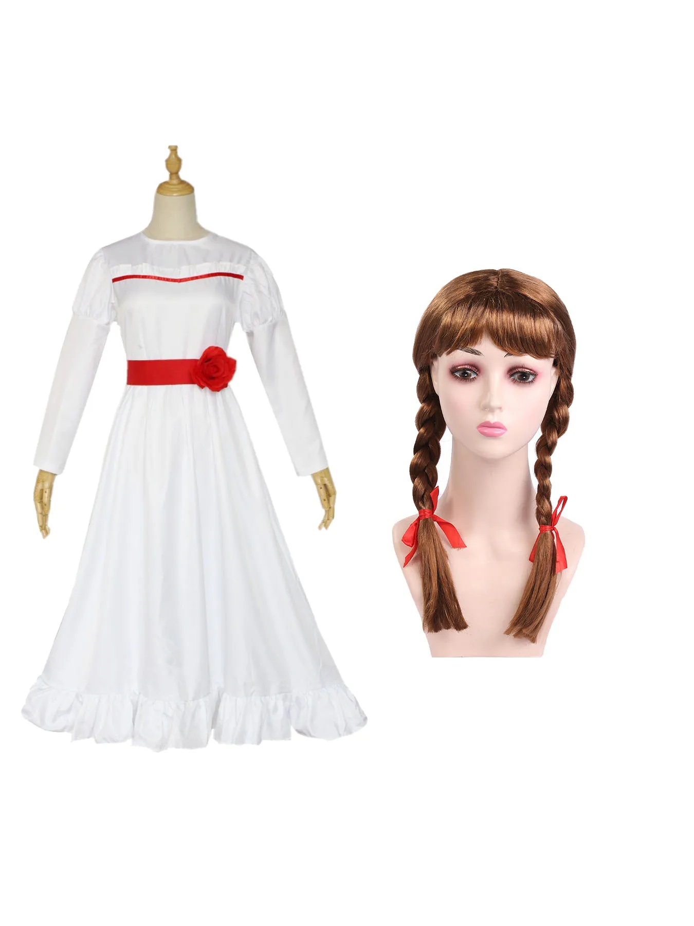 Anime Ghost Doll Annabelle Dress Cosplay Costume Wig Set Halloween Carnival Party Dress Up Girl Uniform Set