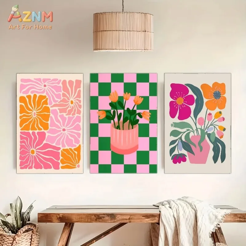 Matisse Style Floral Wall Art Set of 3 Pink Green Checkered Tulip Canvas Poster Boho Living Room Decor Unframed