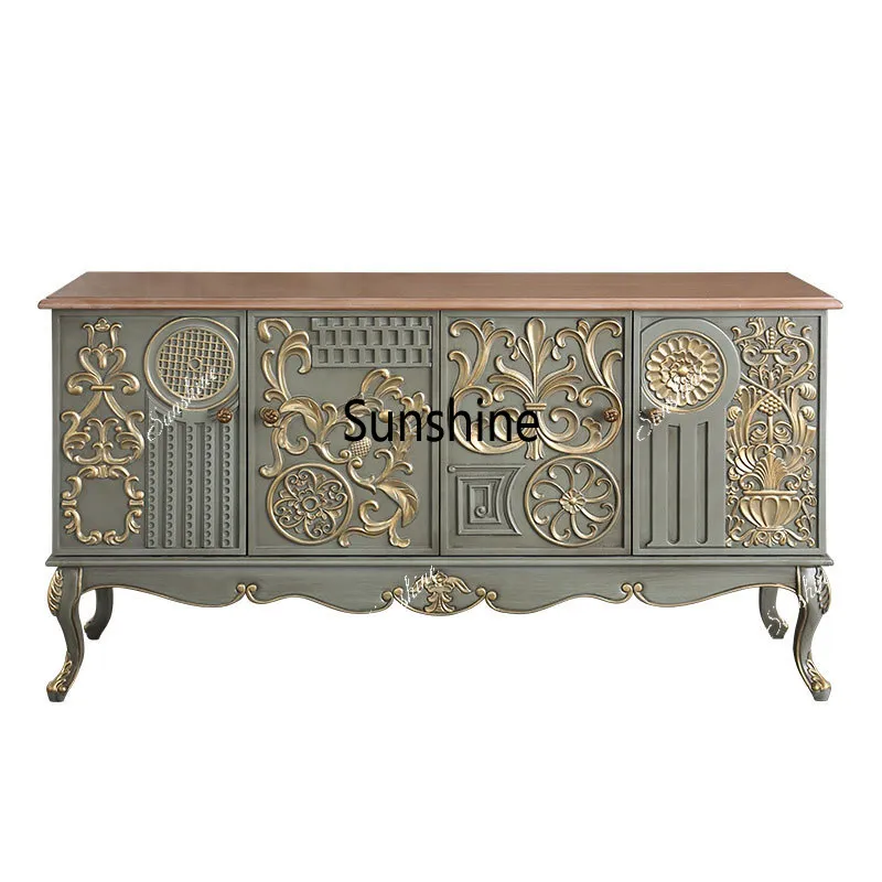 French neoclassical retro entrance dining side cabinet solid wood carving flower storage