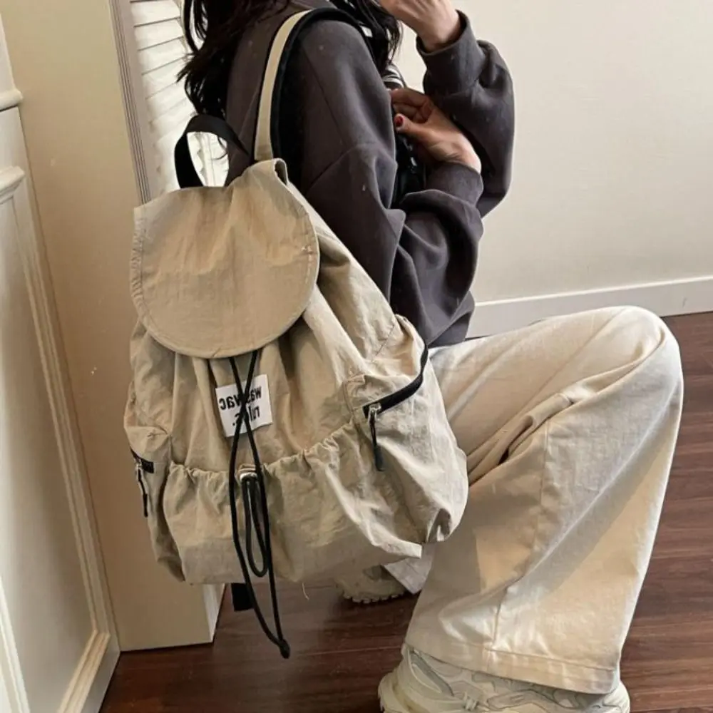 Stylish Solid Color Drawsting Backpacks Light Weight Nylon Ruched Shoulder Bags Large Capacity Casual Student Schoolbag Travel
