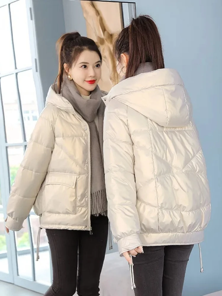 Winter Jacket Women 2025 New Glossy Down Cotton Jacket Hooded Parka Warm Cotton Padded Jacket Casual Outwear Female Tops