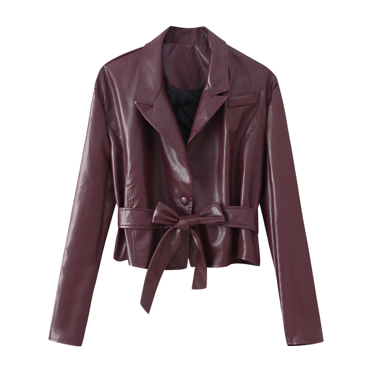 2025 Otoño Invierno nuevo vino rojo cuello vuelto Nudo de lazo Chaqueta corta de cuero mujer moda abrigo ajustado opciones multicolores