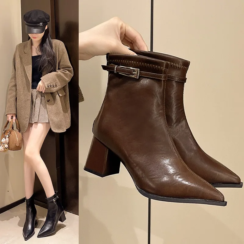 

Новинка 2023 года, осенне-зимние модные ботильоны с острым носком, женская обувь на толстом каблуке с застежкой-молнией, уличный стиль, короткие сапоги для банкета и вечеринки