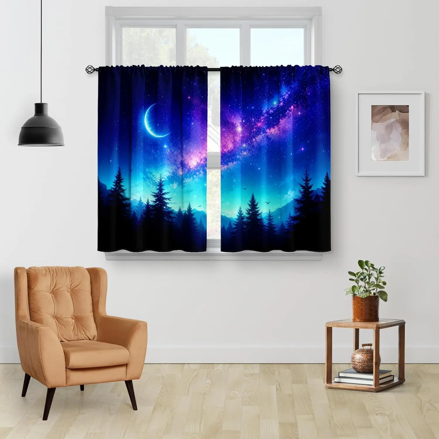 Aesthetic Galaxy Starry Night Curtain Celestial Forest Blue Moon Nebula Space Window Drapes Home Decoration Bedroom