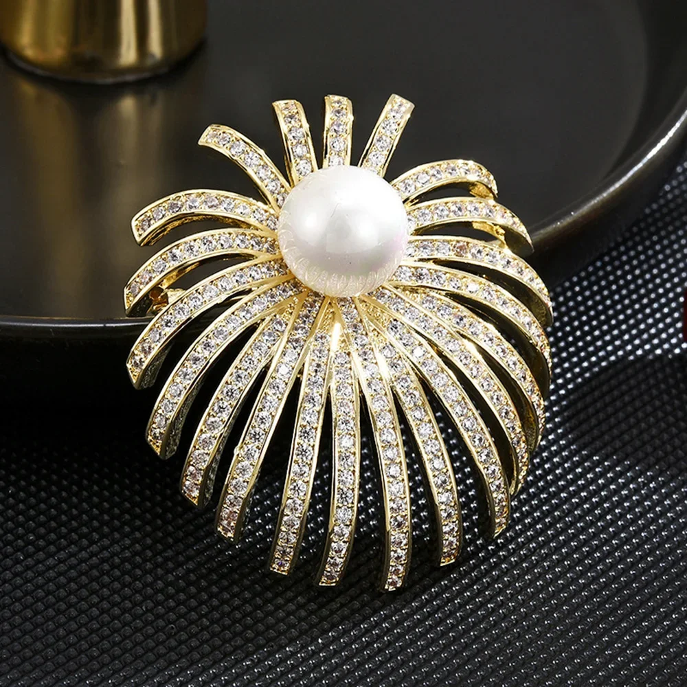 Luxurious Gold-plated Firework Pearl Brooch Full Zircon Inlaid Flower Corsage Women's Dress Decoration Accessories Jewelry